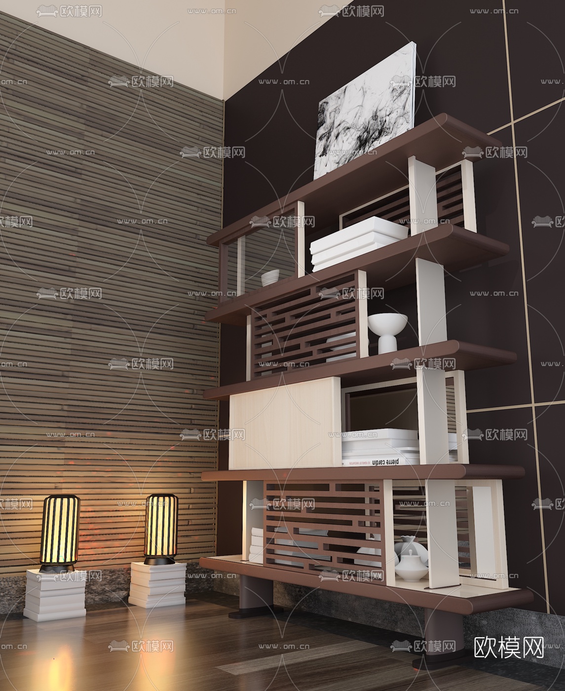 卢志荣设计 新中式实木装饰柜3d模型下载（渲染图2）