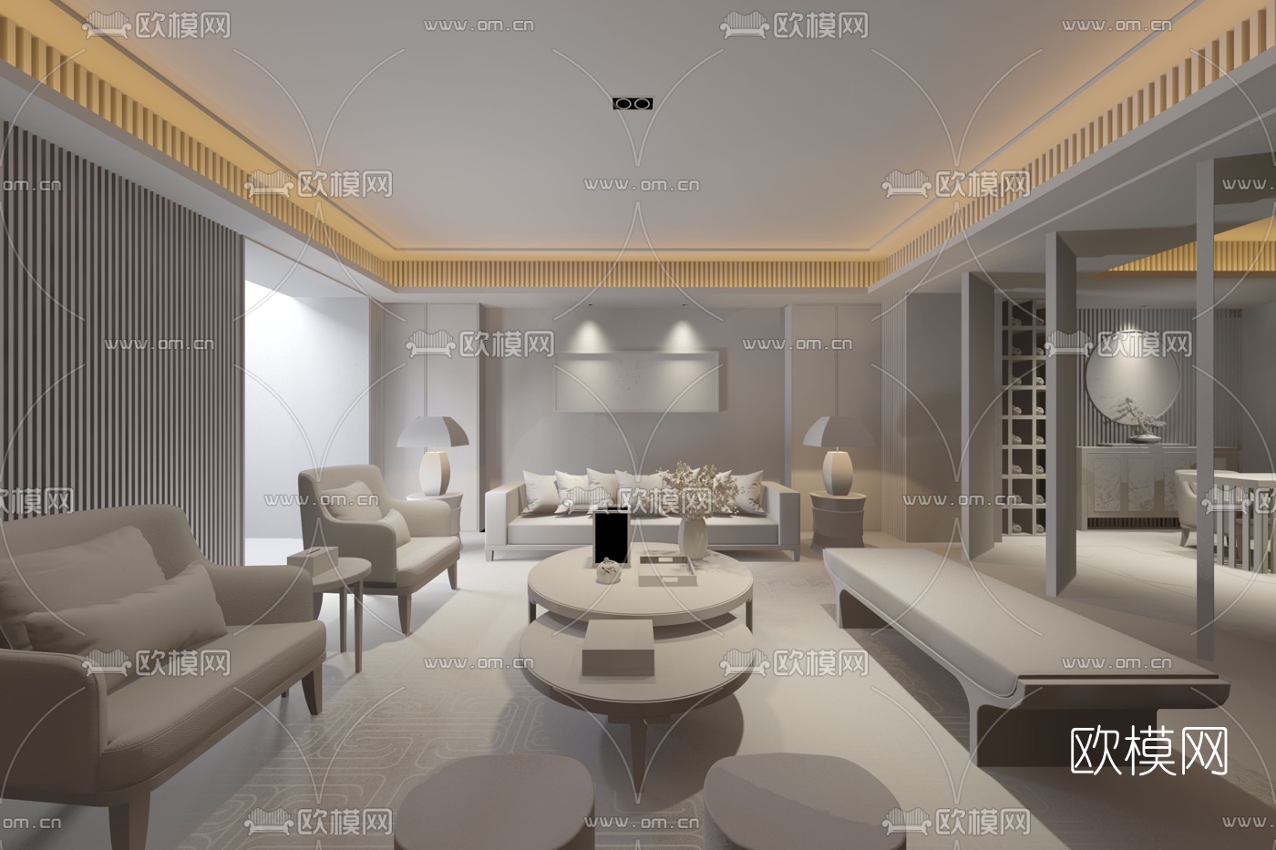 矩阵纵横 新中式客厅3D模型下载（渲染图2）