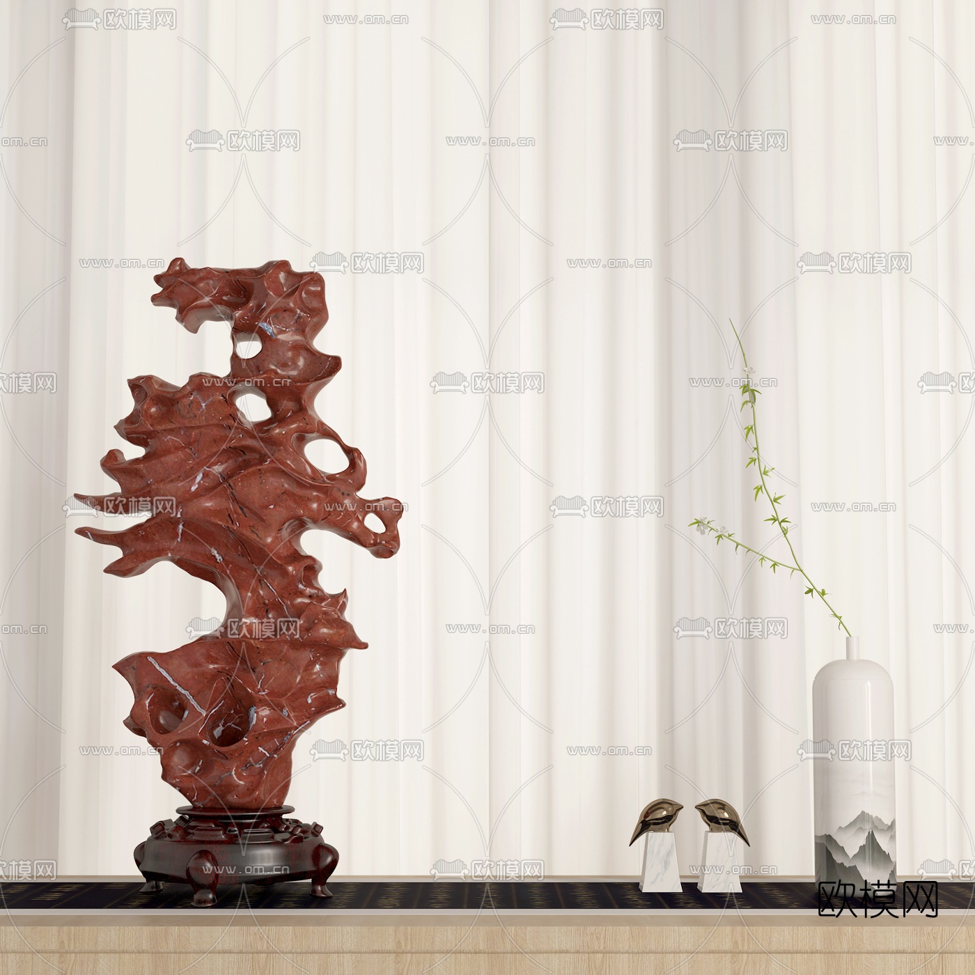 新中式石头雕塑摆件3d模型下载