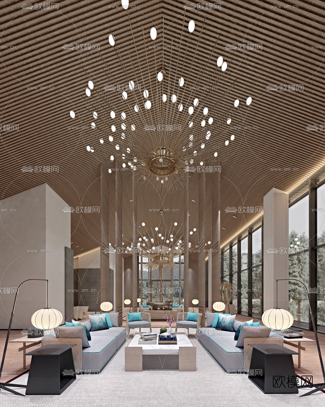 集艾设计-新中式酒店大堂3d模型