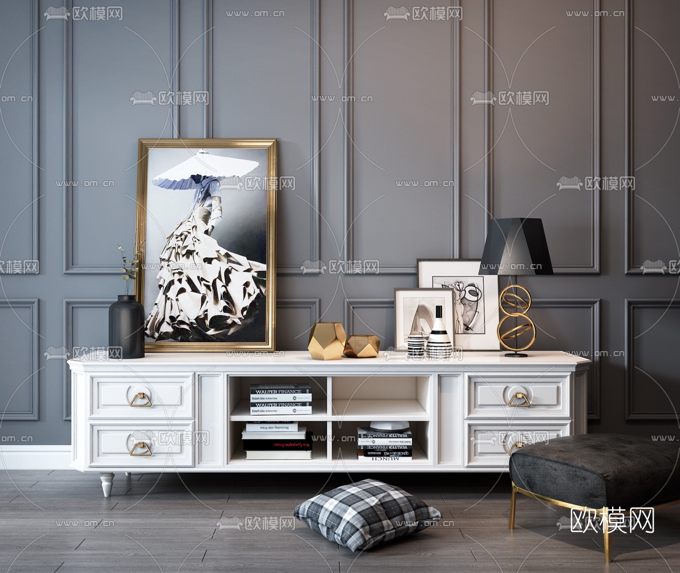 简欧实木电视柜3D模型下载（渲染图3）