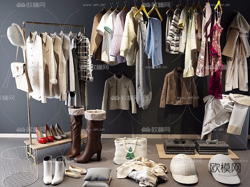 现代衣架服饰皮鞋帽子组合3D模型