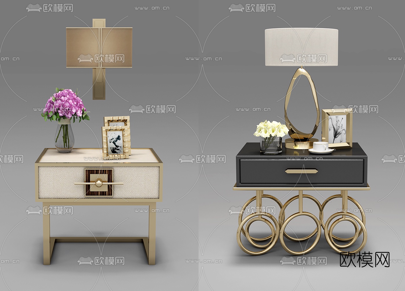 现代床头柜台灯摆件组合3D模型下载（渲染图1）