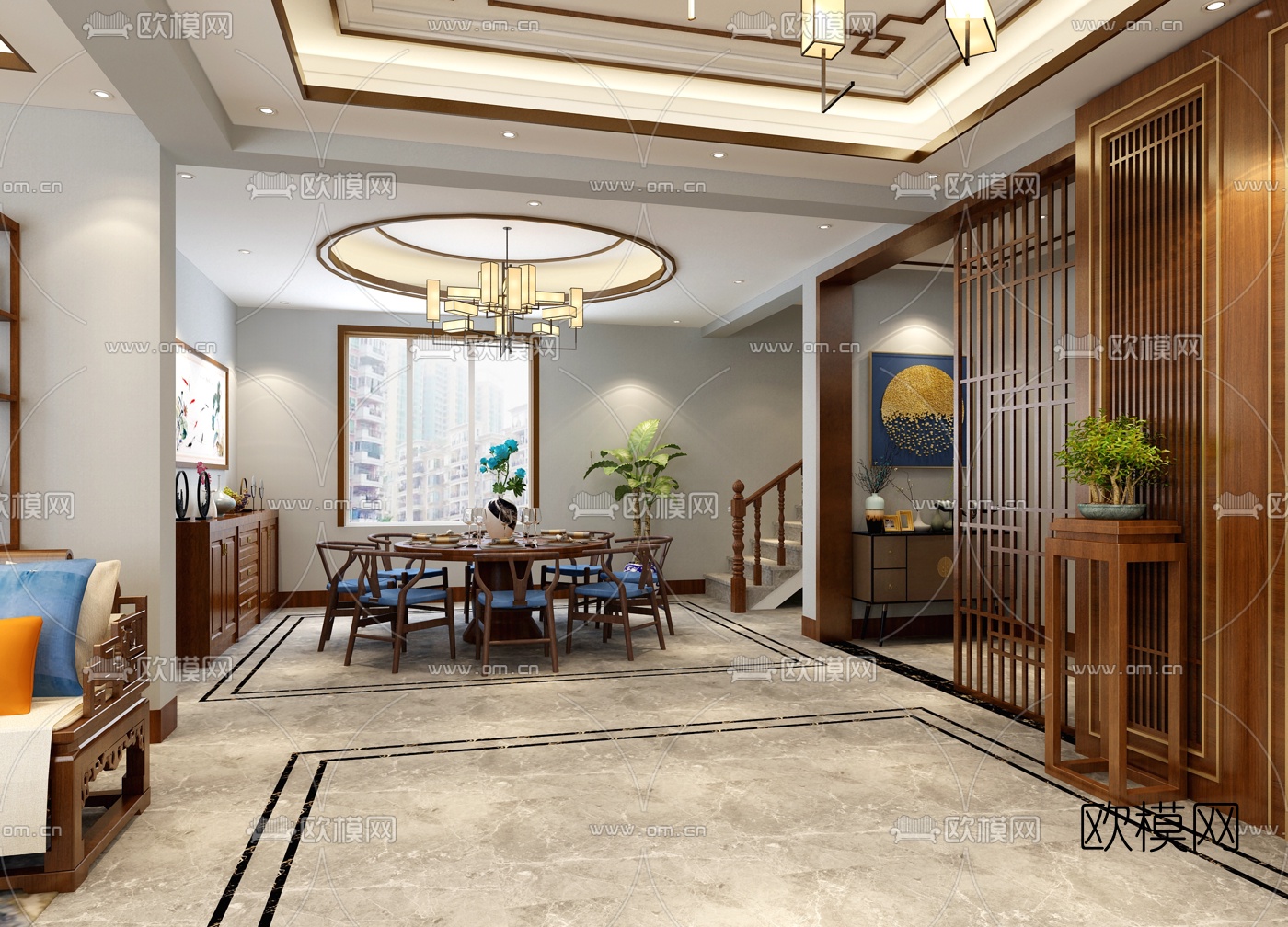 新中式复式客厅餐厅免费3d模型