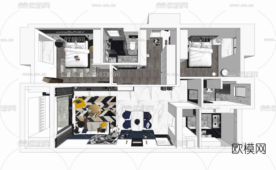北欧客餐厅su模型下载（渲染图1）