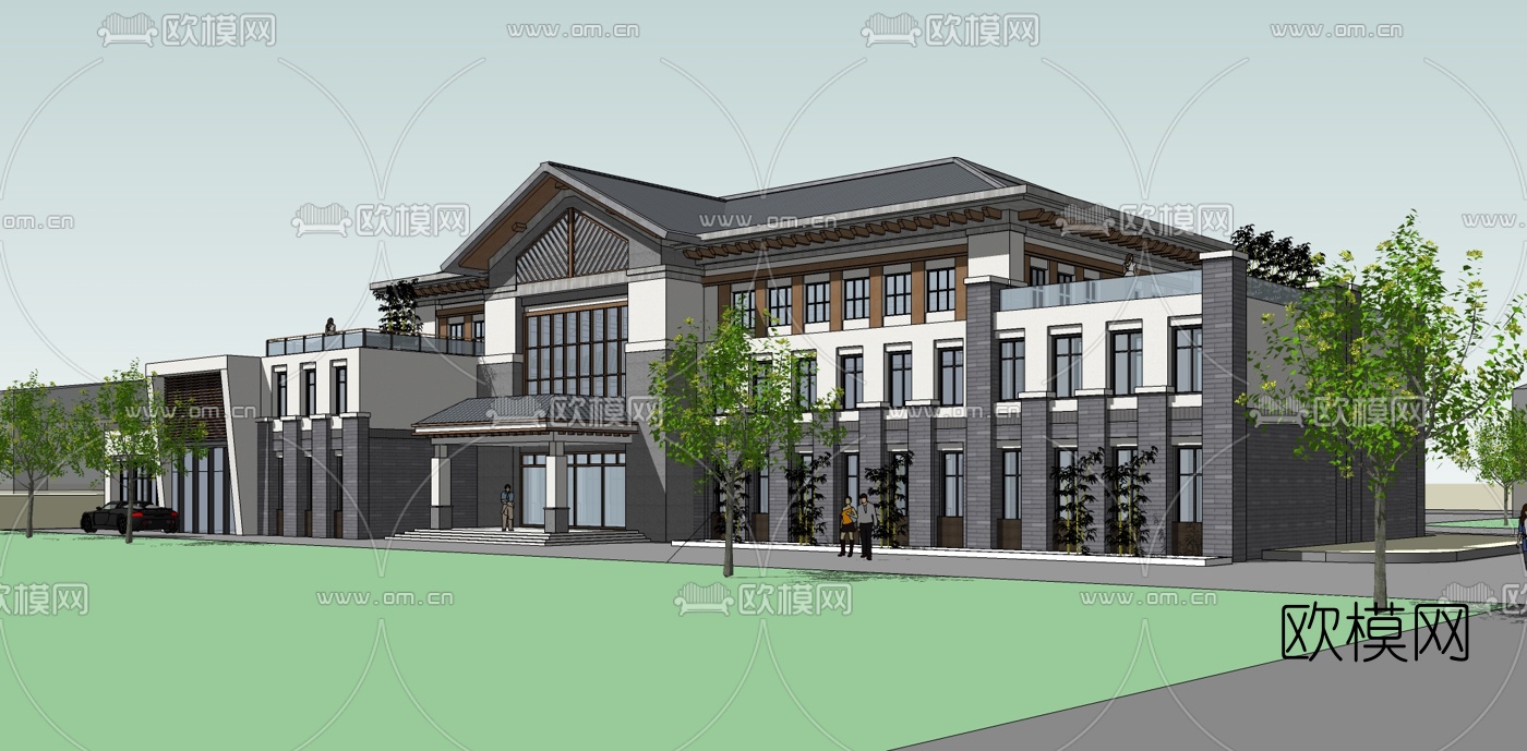 中式办公楼su模型下载（渲染图1）