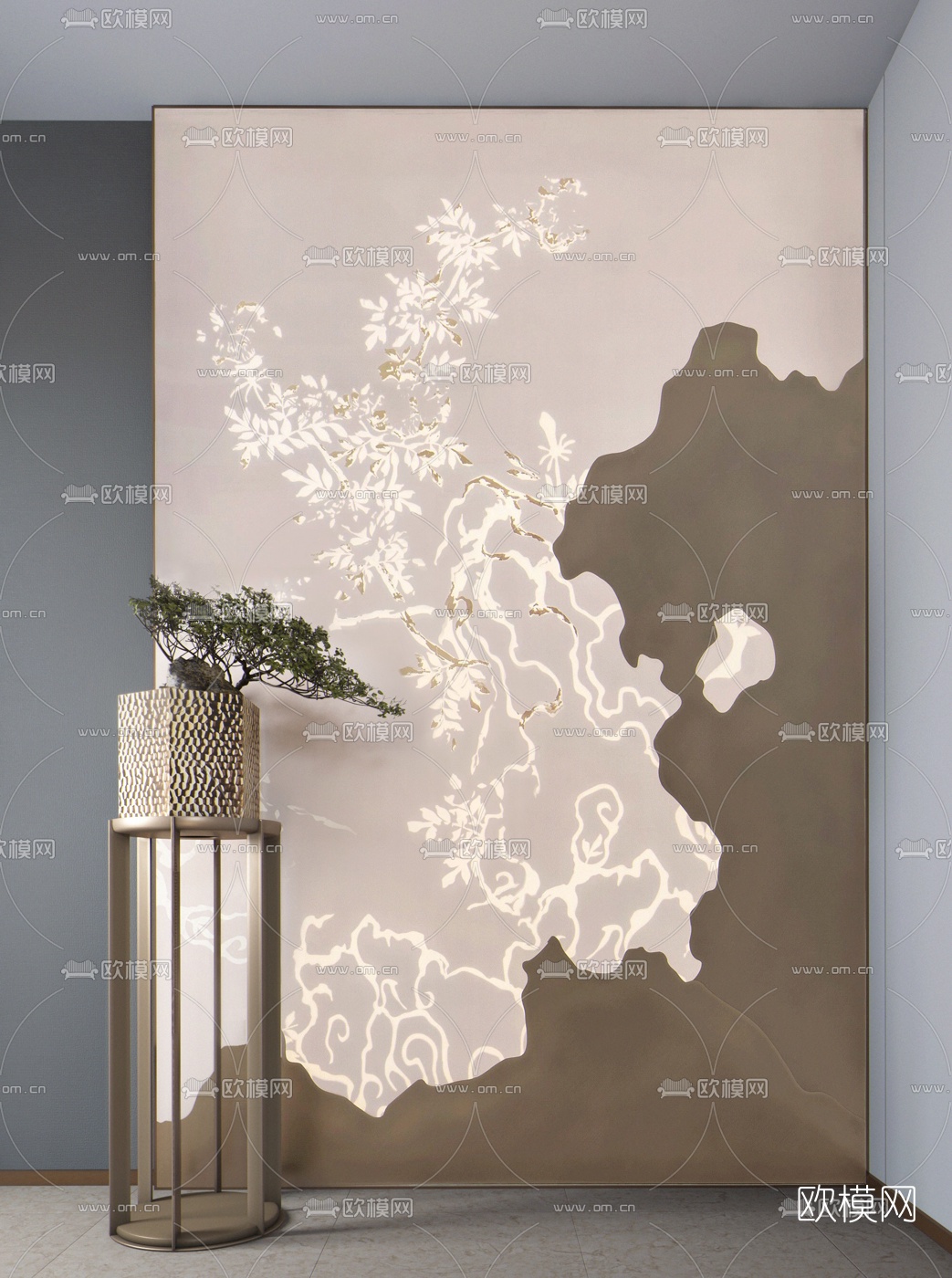 梁建国设计新中式绿植盆松组合3D模型下载（渲染图1）