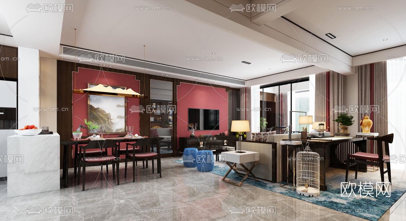 新中式客厅餐厅3d模型