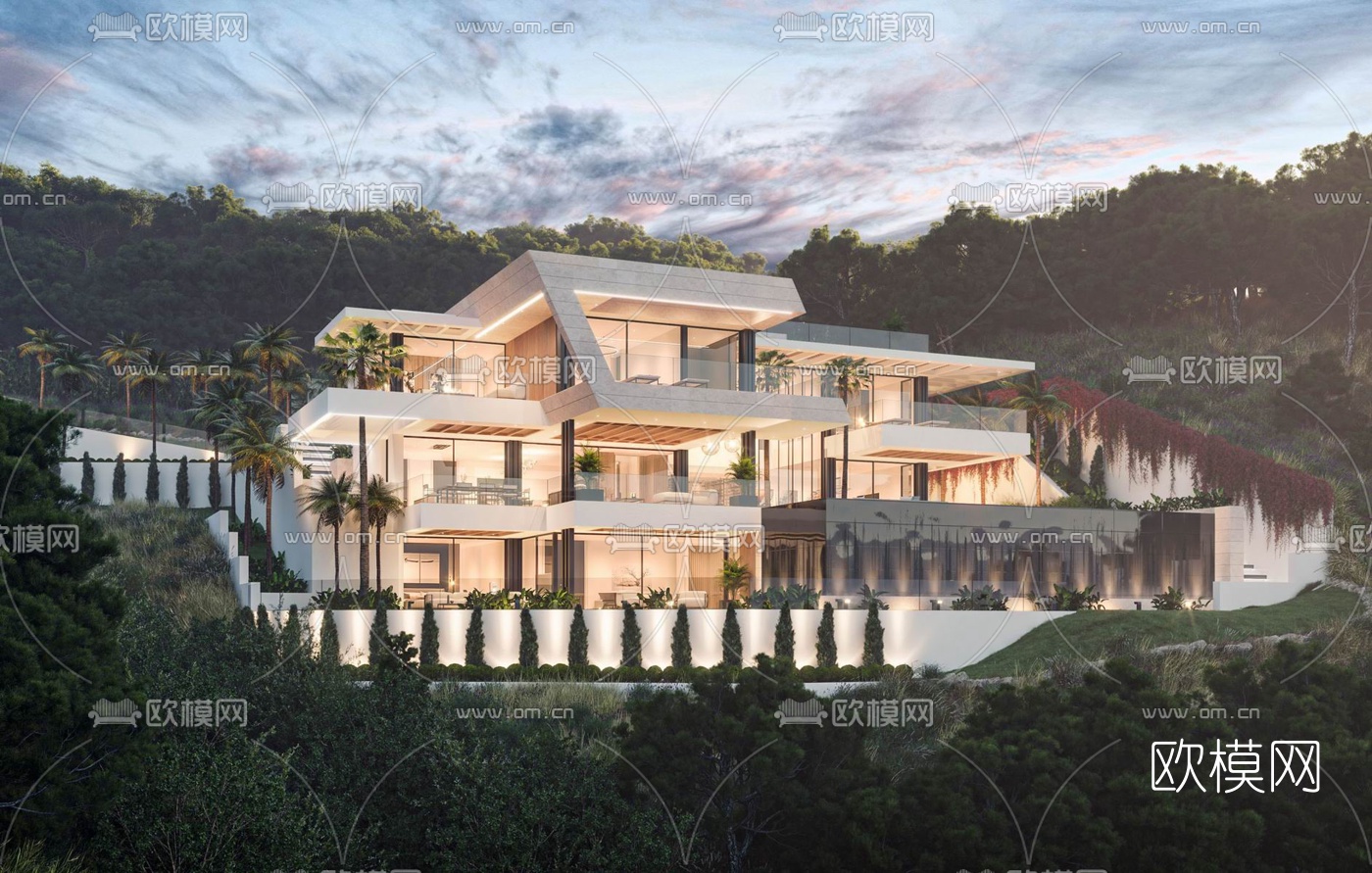 现代独栋别墅外观夜景su模型下载（渲染图1）