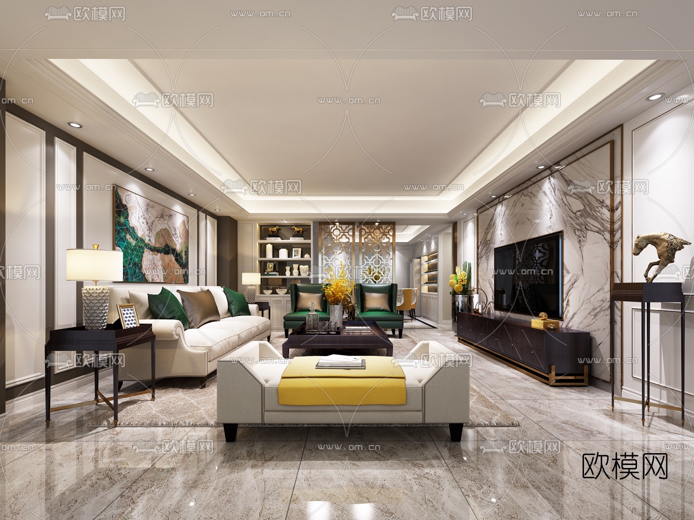 简欧客厅餐厅3D模型下载