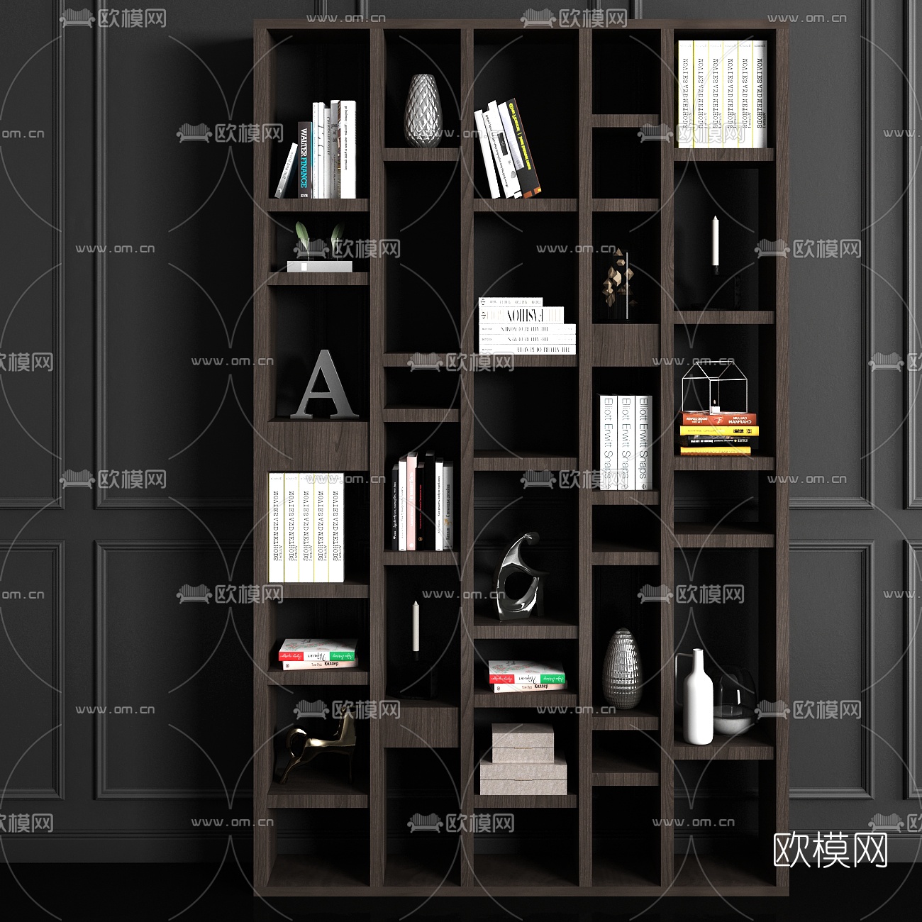 現代實木書櫃書籍飾品組合3d模型-免費3dmax模型庫-歐模網