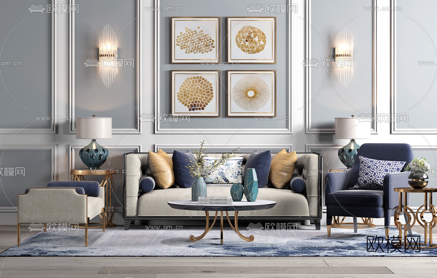 简欧沙发茶几壁灯装饰画台灯摆件3D模型下载（渲染图1）