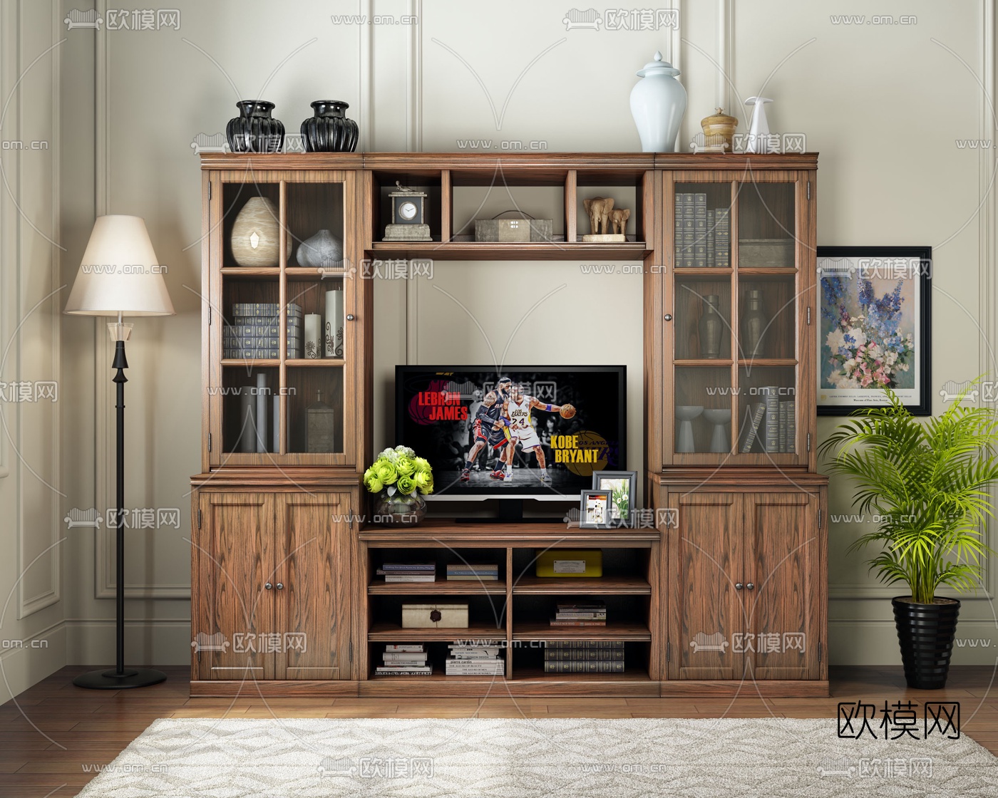 美式实木书柜装饰柜3d模型下载（渲染图1）