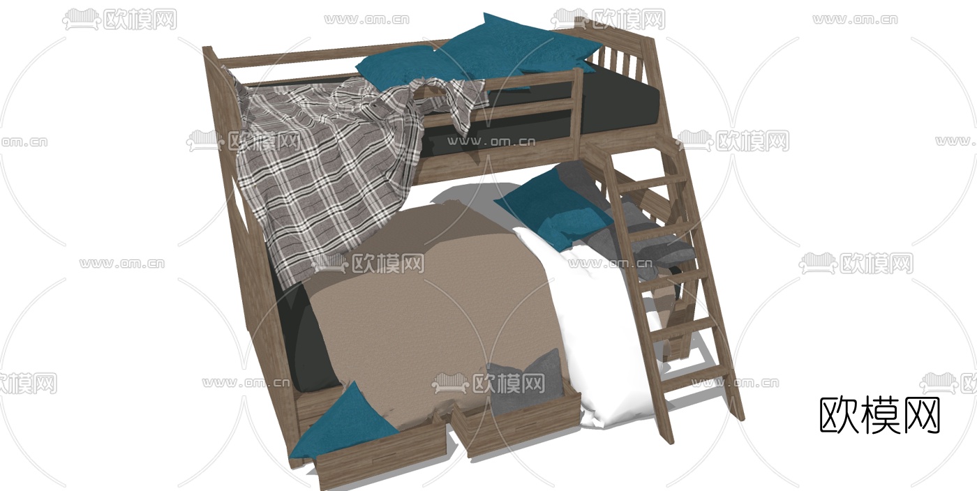 现代实木儿童双层床su模型下载（渲染图2）