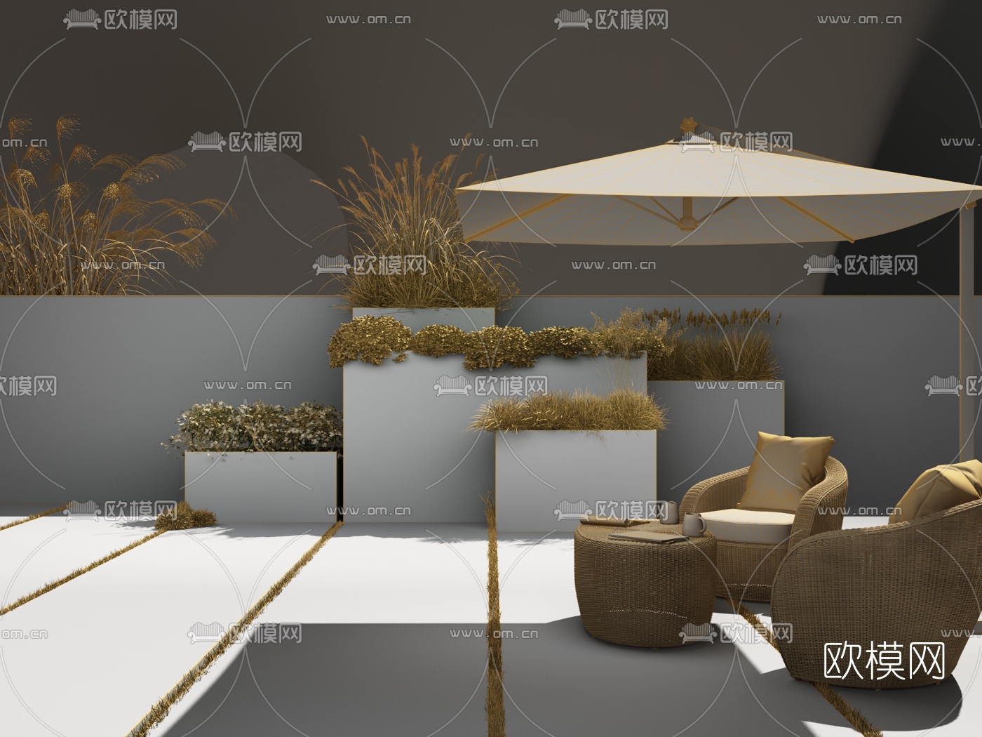 现代户外椅遮阳伞盆栽组合3D模型下载（渲染图2）