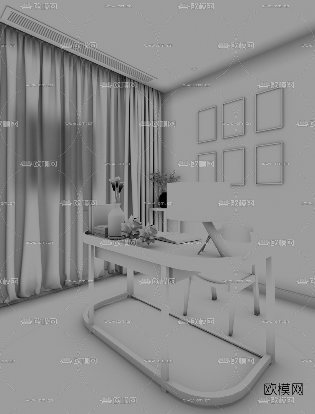 方黄设计现代书桌组合3D模型下载（渲染图2）