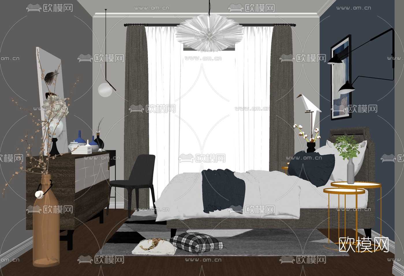 北欧卧室主人房su模型下载