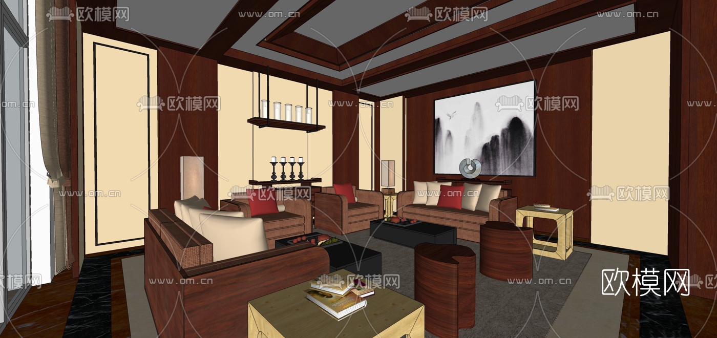 新中式别墅大堂餐厅su模型下载（渲染图2）