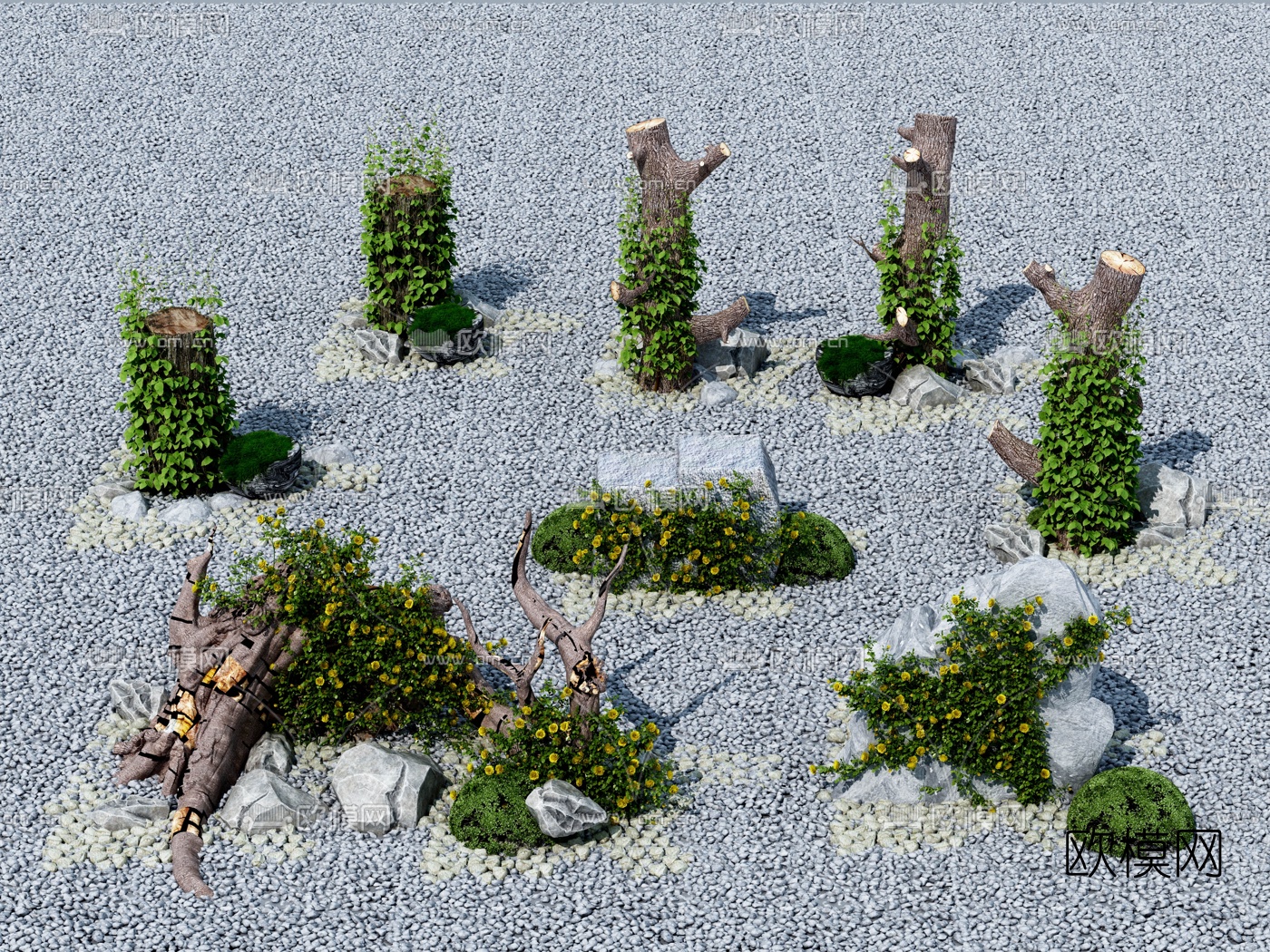 现代枯树滕蔓石头小品3d模型下载