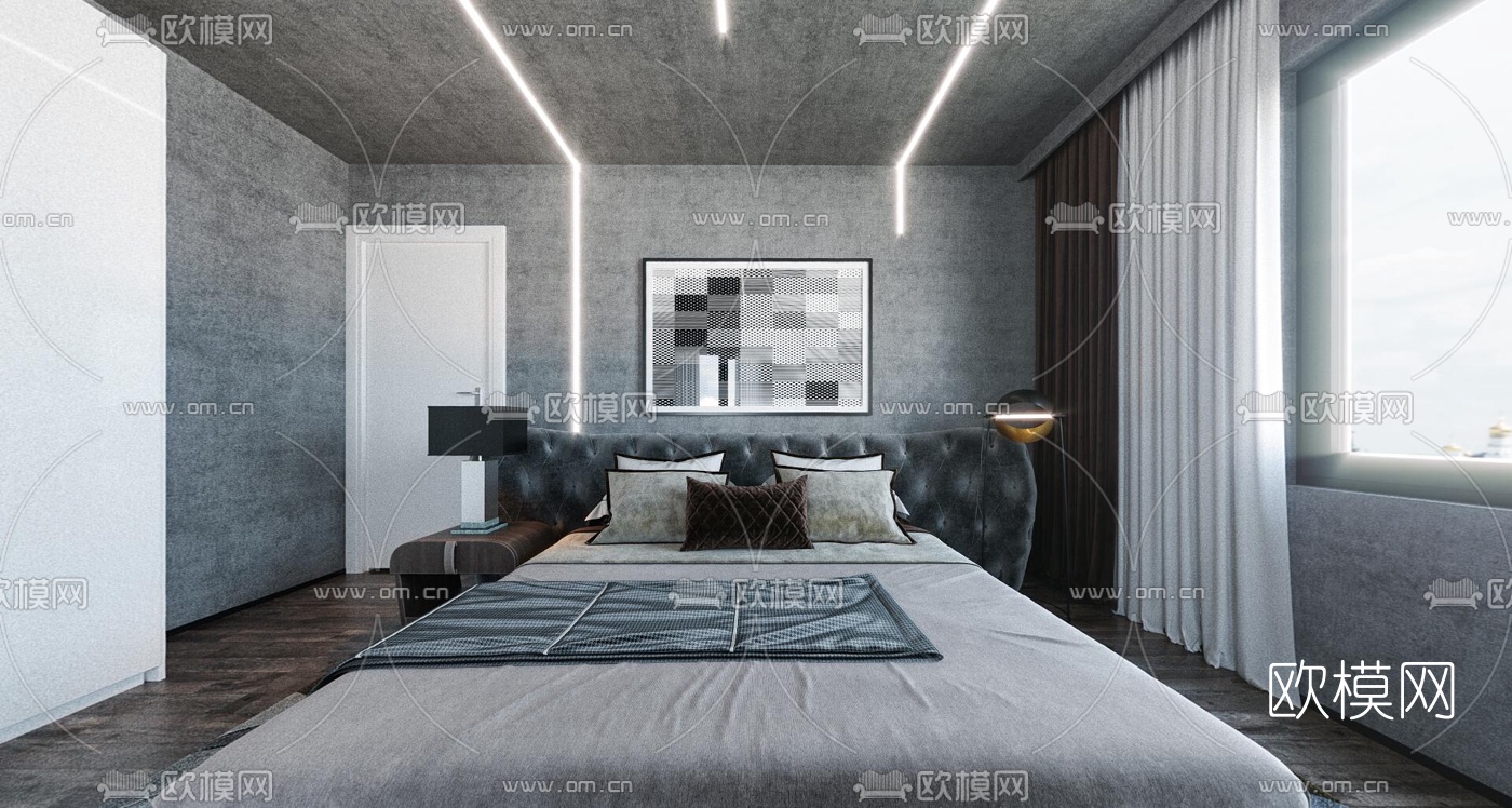 现代卧室全景3d模型-免费3dmax模型库-欧模网