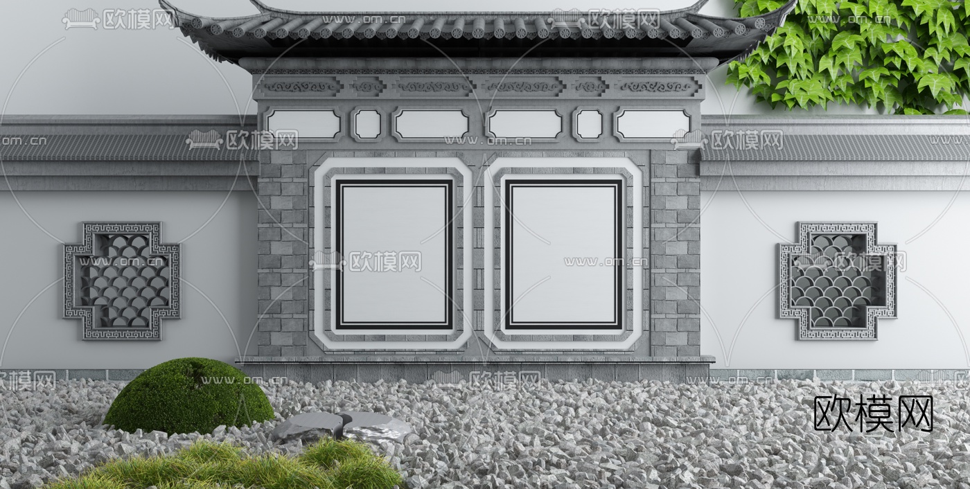 新中式花窗照壁3d模型下载