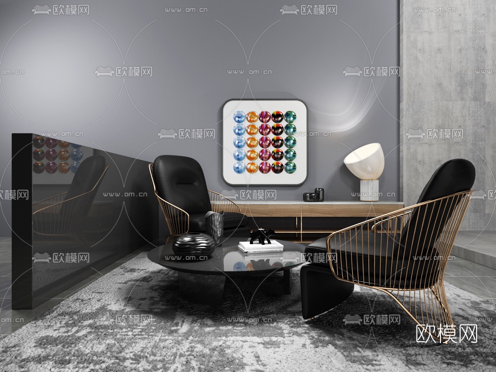 意大利米洛提Minotti现代休闲椅茶几边柜组合3D模型