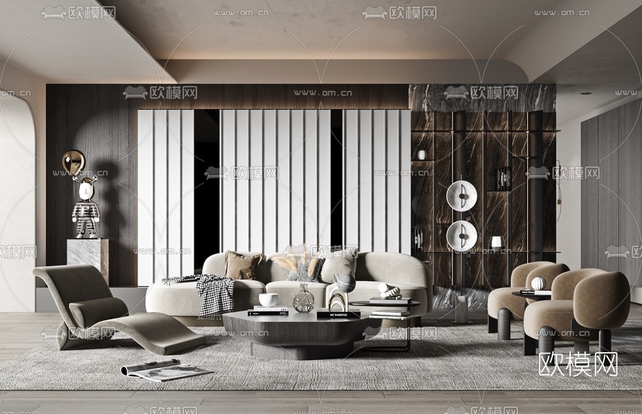 现代布艺沙发组合3d模型下载(渲染图1)