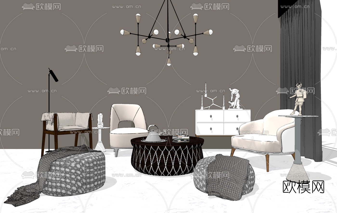 现代休闲椅沙发凳组合su模型