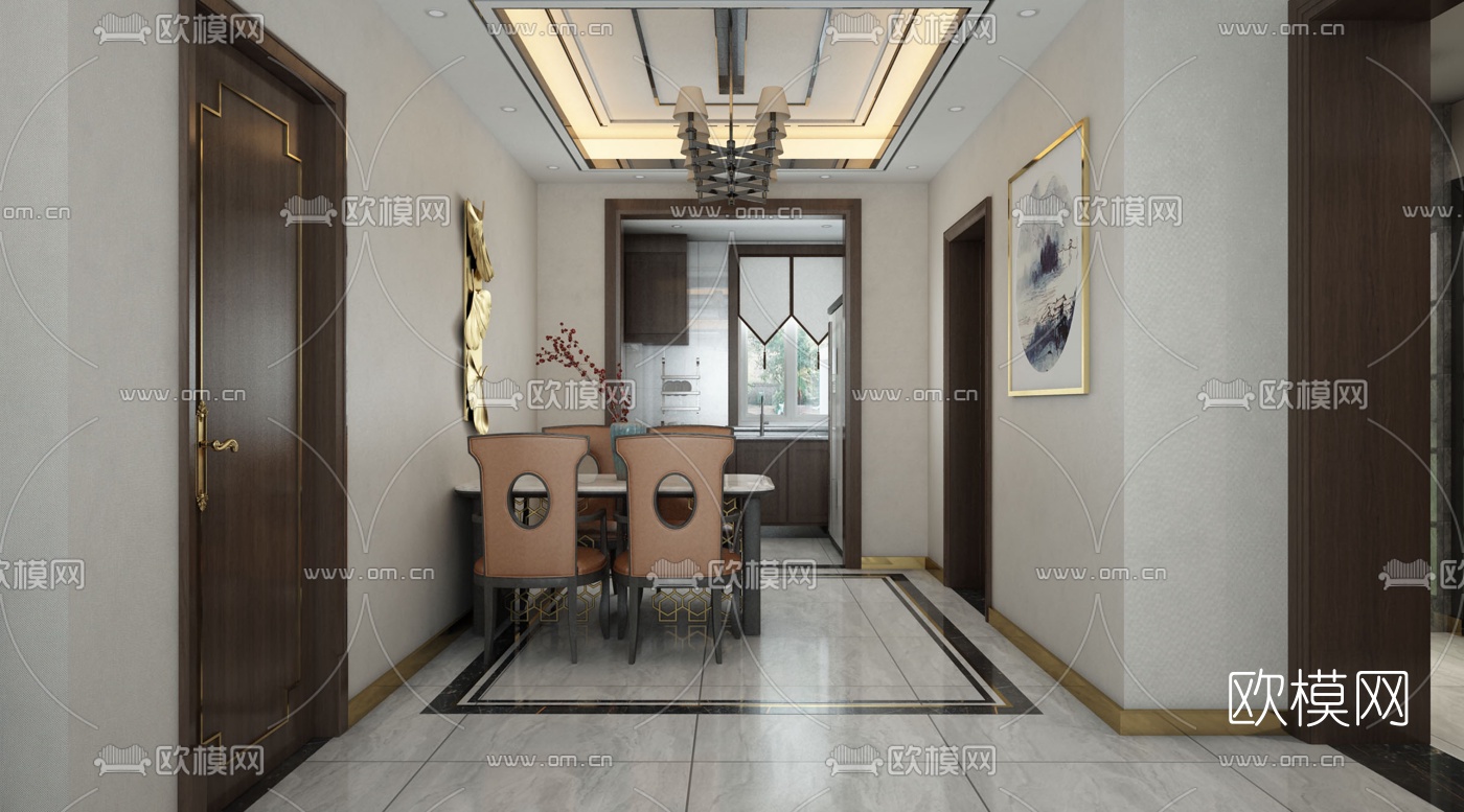 新中式客厅餐厅3d模型