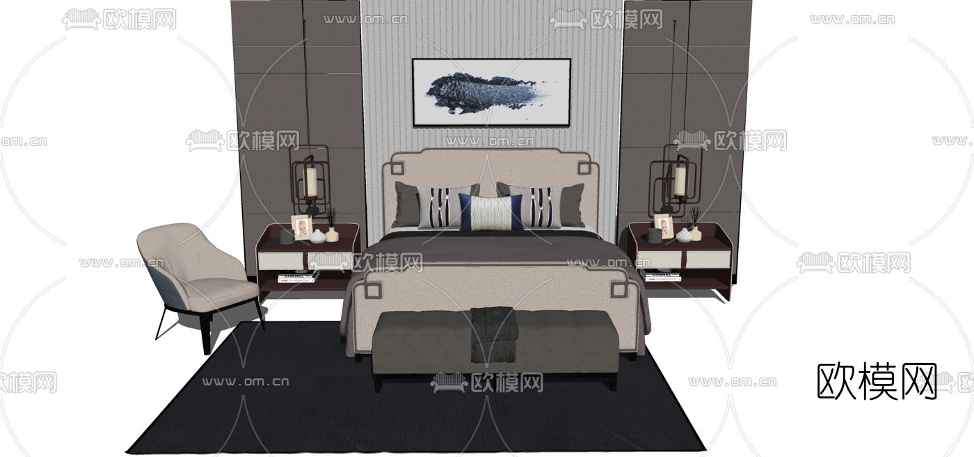 新中式双人床组合su模型下载（渲染图1）