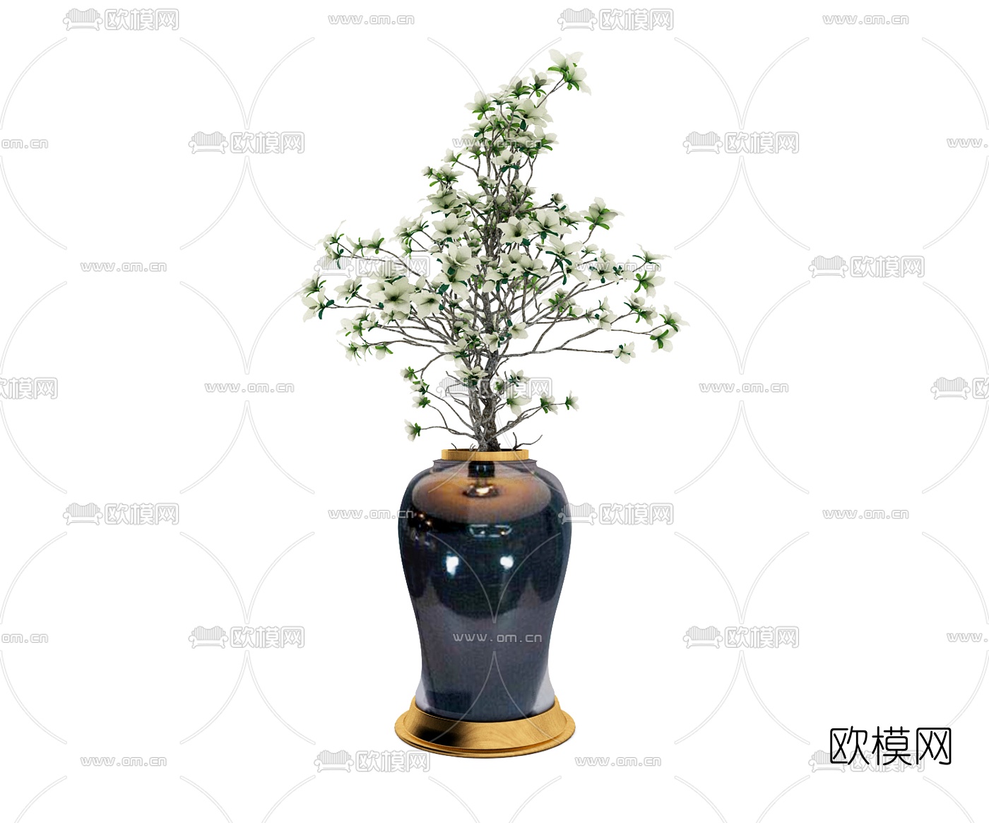 中式陶瓷玻璃花瓶插花组合3D模型下载（渲染图5）