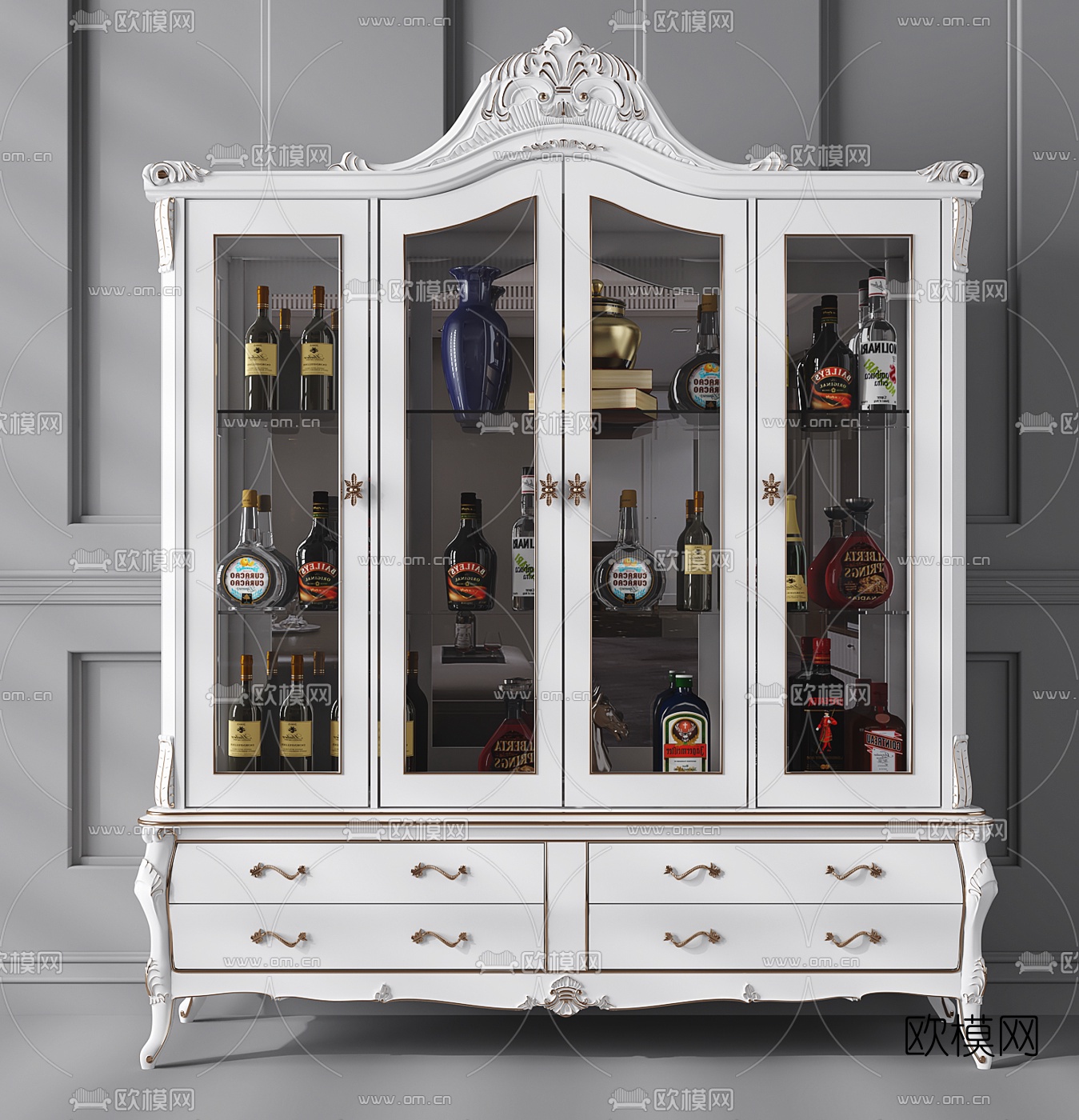 欧式实木雕花酒柜3D模型下载