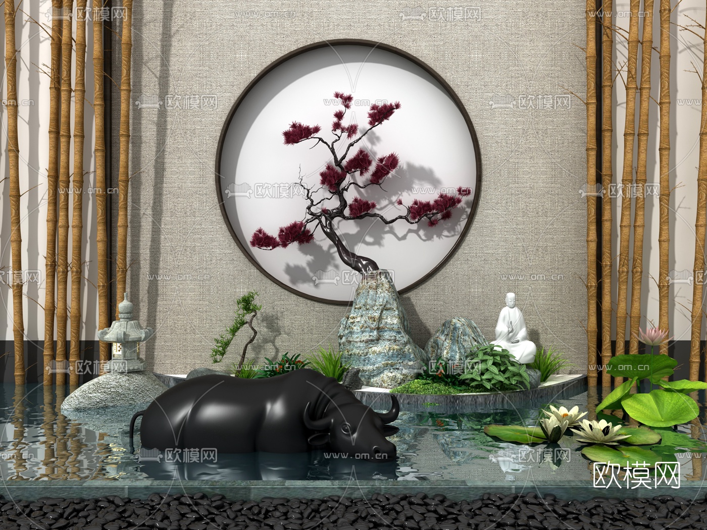 中式荷花池假山园艺小品3d模型下载