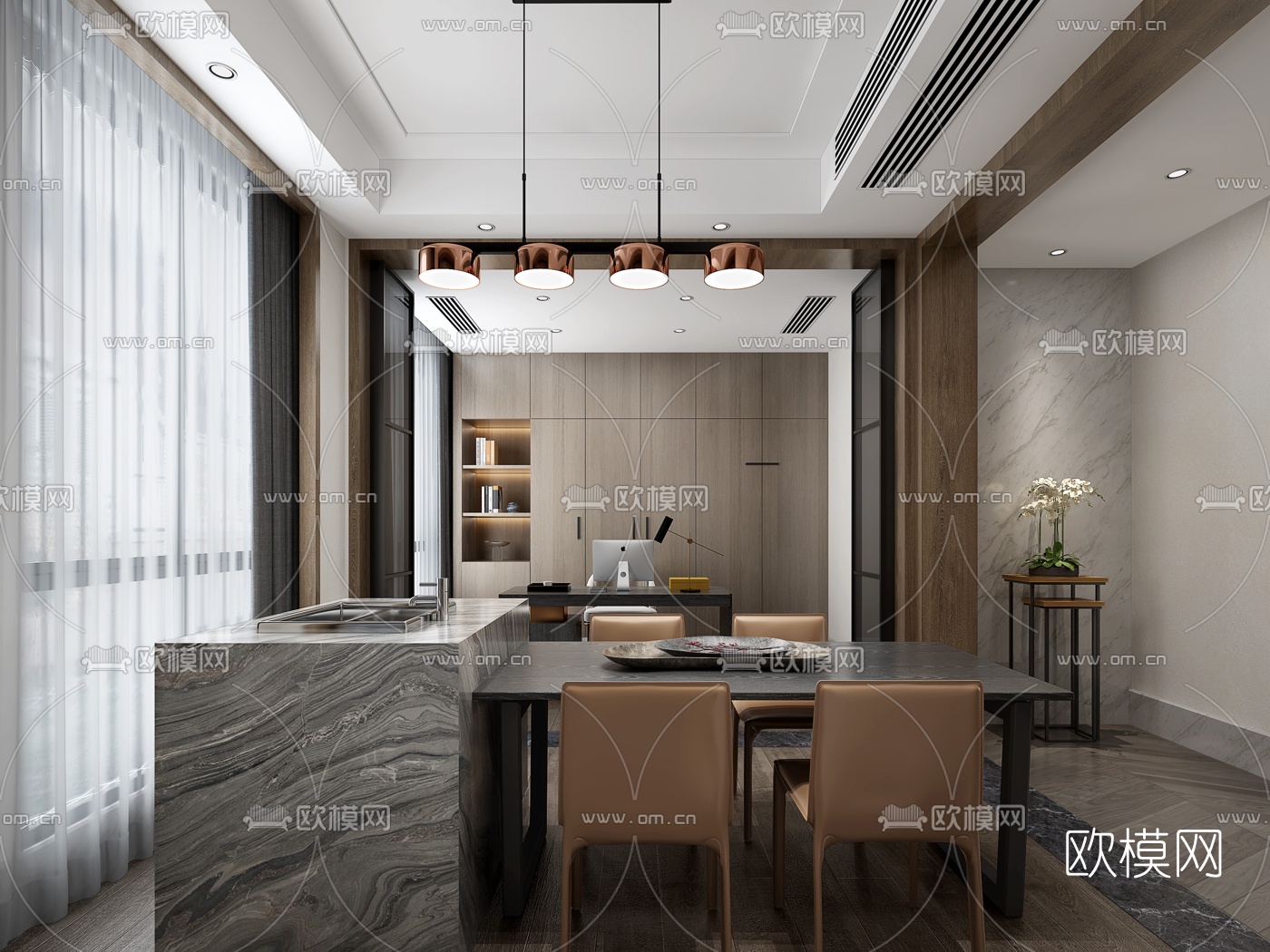 现代高级灰客厅餐厅3d模型下载（渲染图2）