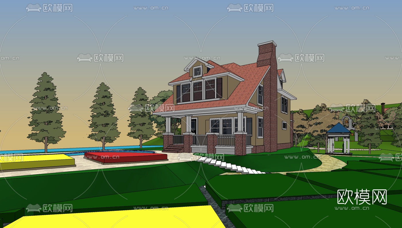 美式独栋别墅su模型下载（渲染图1）