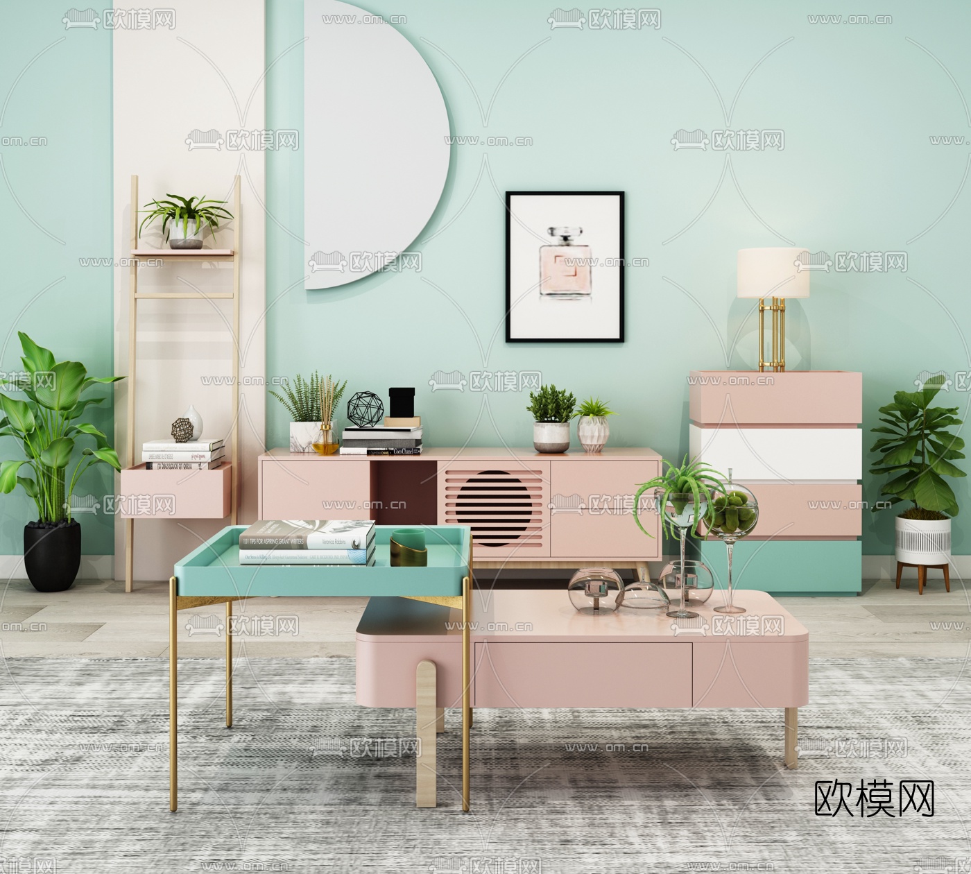 北欧实木电视柜边柜茶几3d模型下载