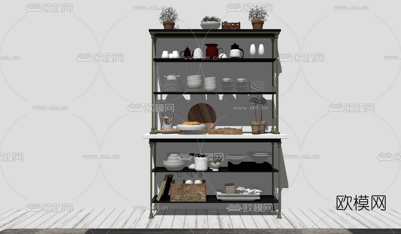 工业风碗柜边柜su模型下载（渲染图2）