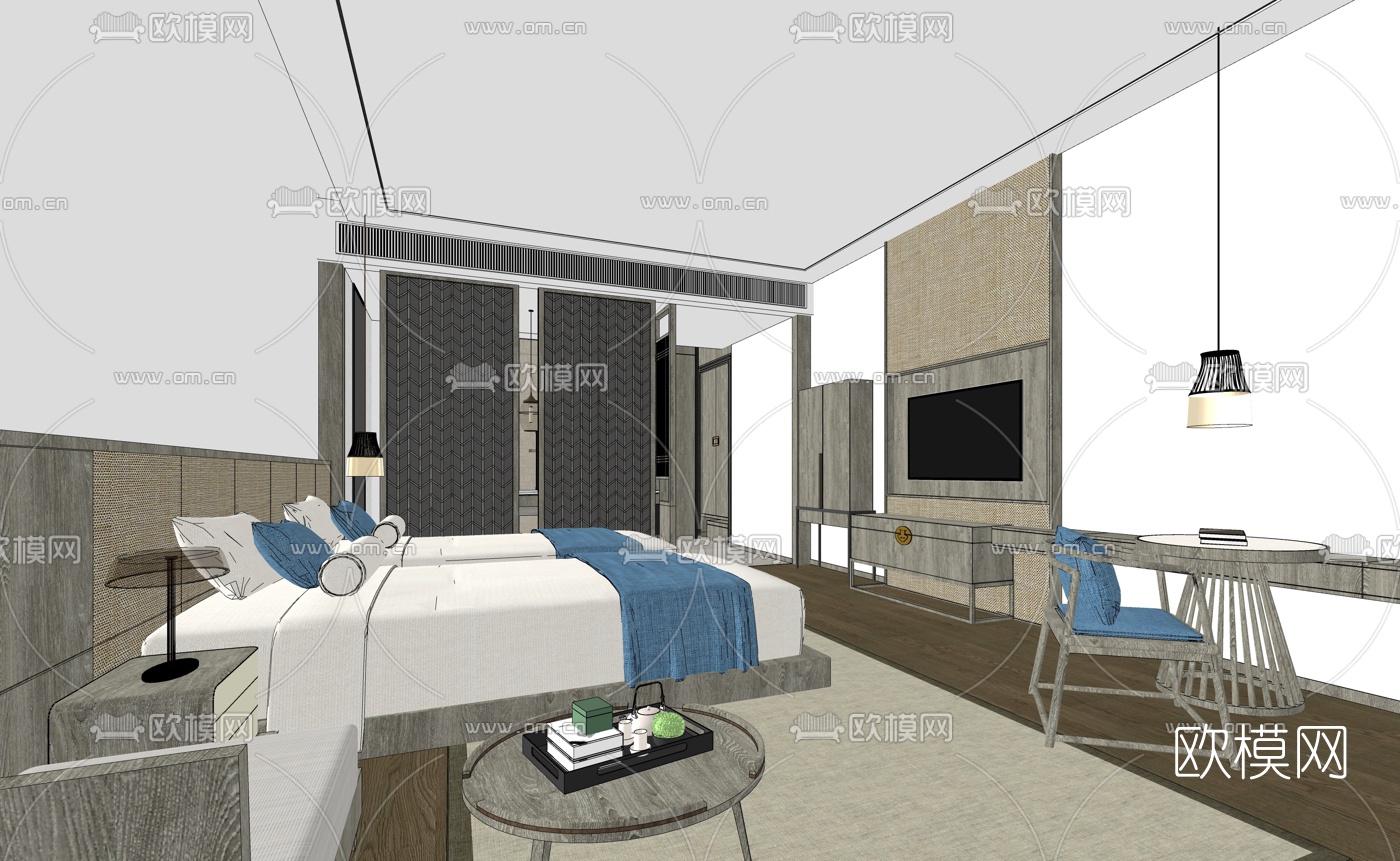 新中式酒店客房双人房su模型下载（渲染图4）
