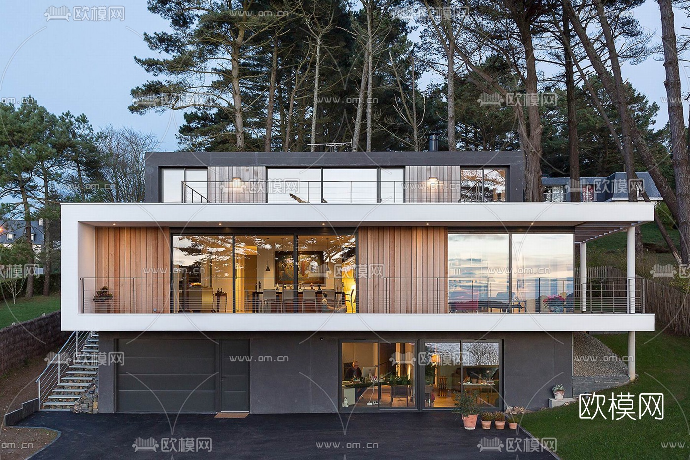 现代独栋别墅外观su模型下载（渲染图1）