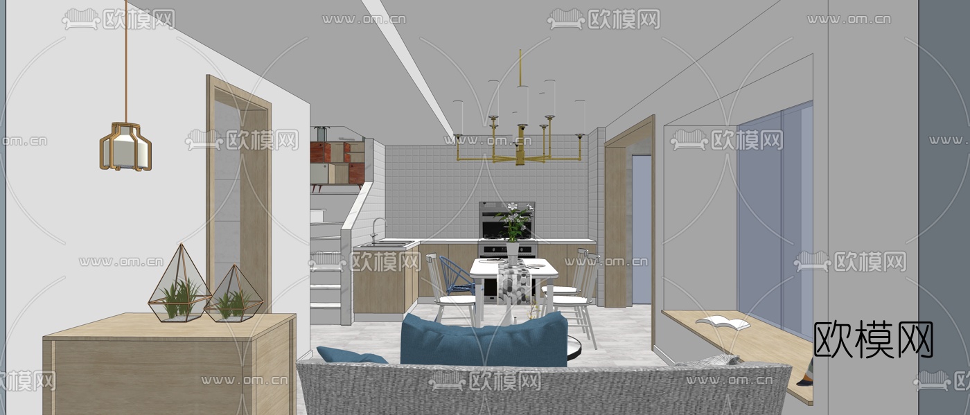 北欧客餐厅su模型下载（渲染图2）