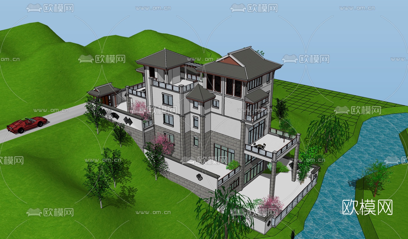 中式山地别墅su模型下载（渲染图3）