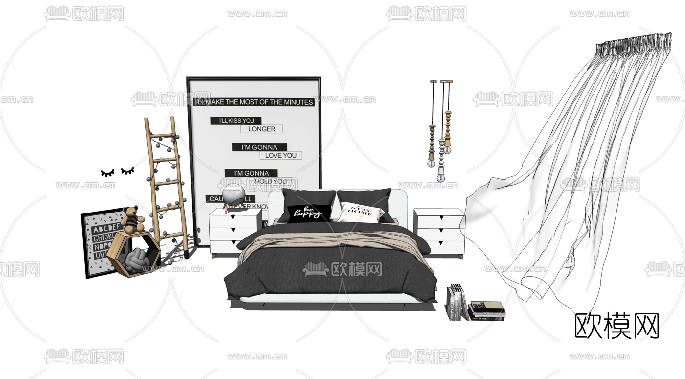 北欧双人床su模型下载
