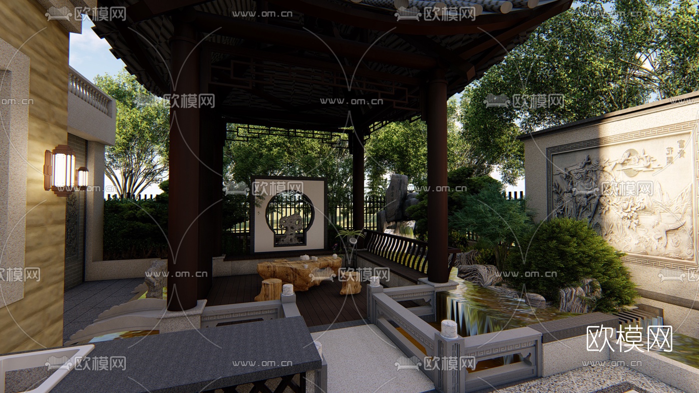 中式别墅庭院花园设计su模型下载（渲染图4）