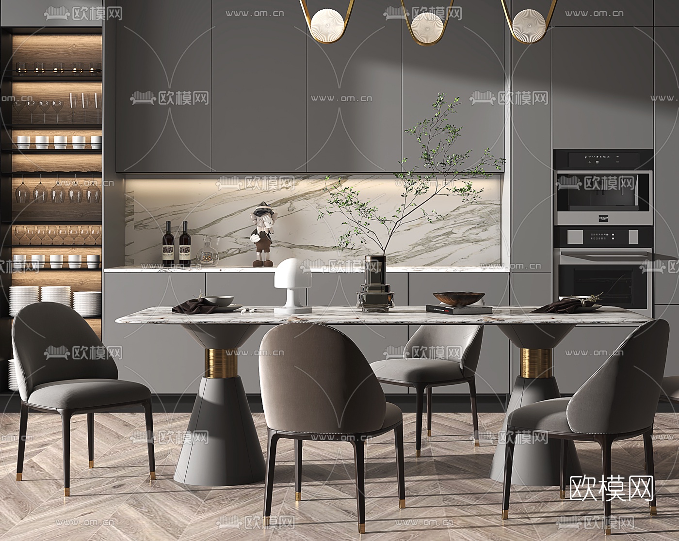 现代大理石餐桌椅3d模型下载（渲染图2）