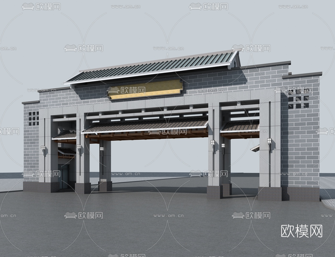 中式公园大门入口3d模型下载