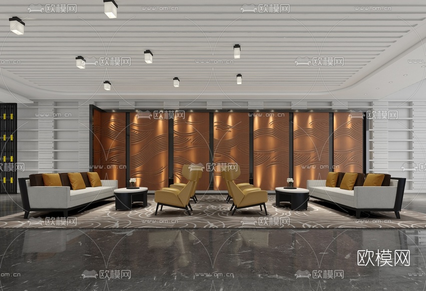 上上国际设计 新中式酒店会客区3D模型下载(渲染图1)
