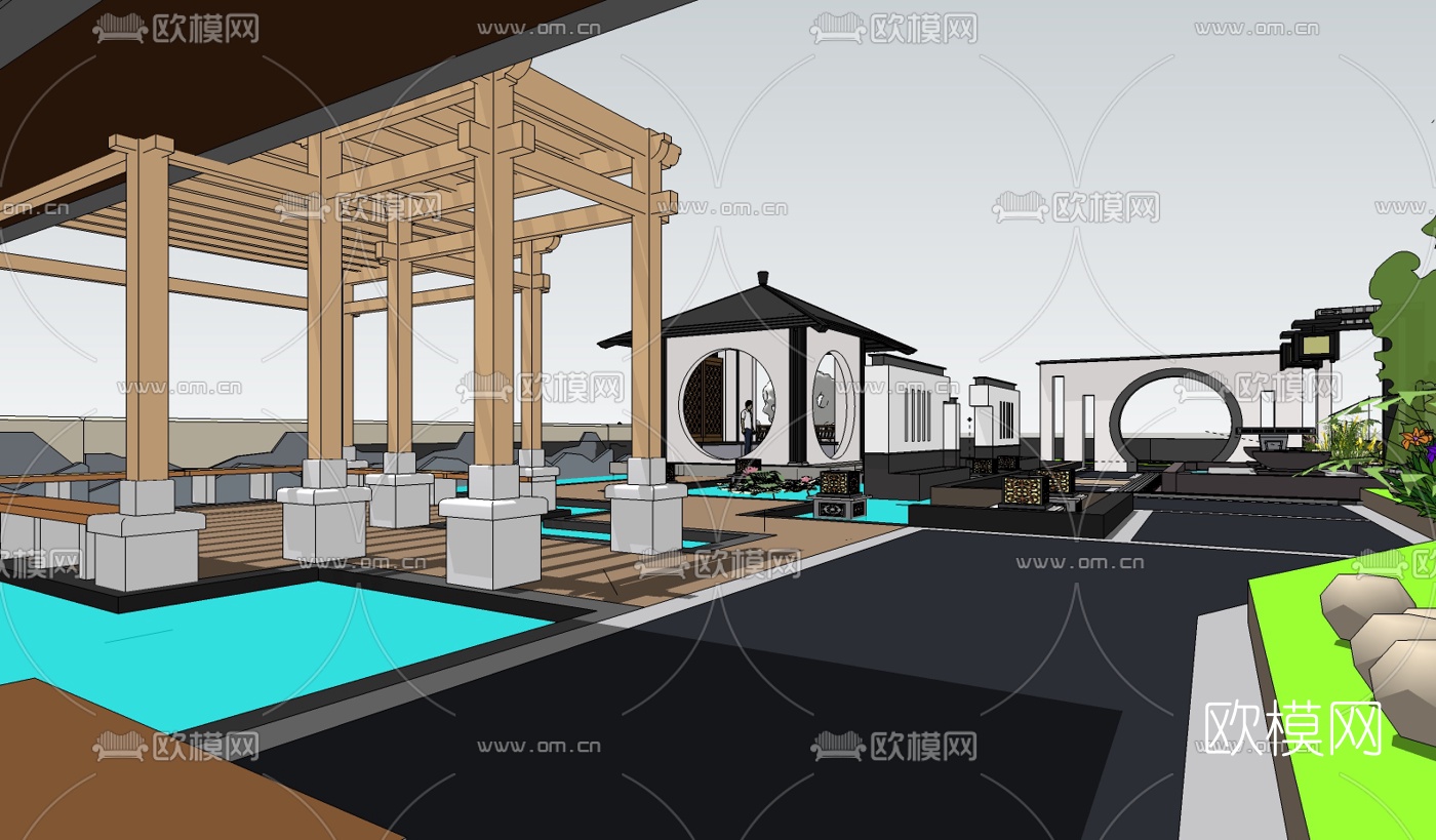 新中式园林景观免费su模型下载（渲染图4）