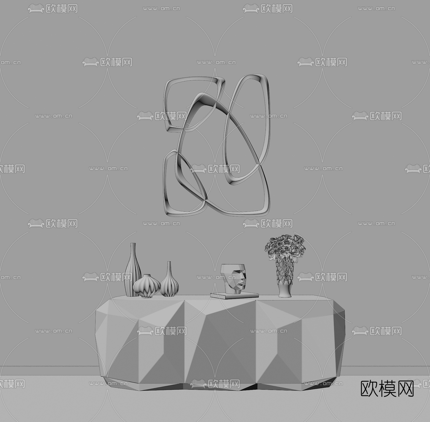 后现代边柜装饰镜摆件组合3D模型下载（渲染图2）