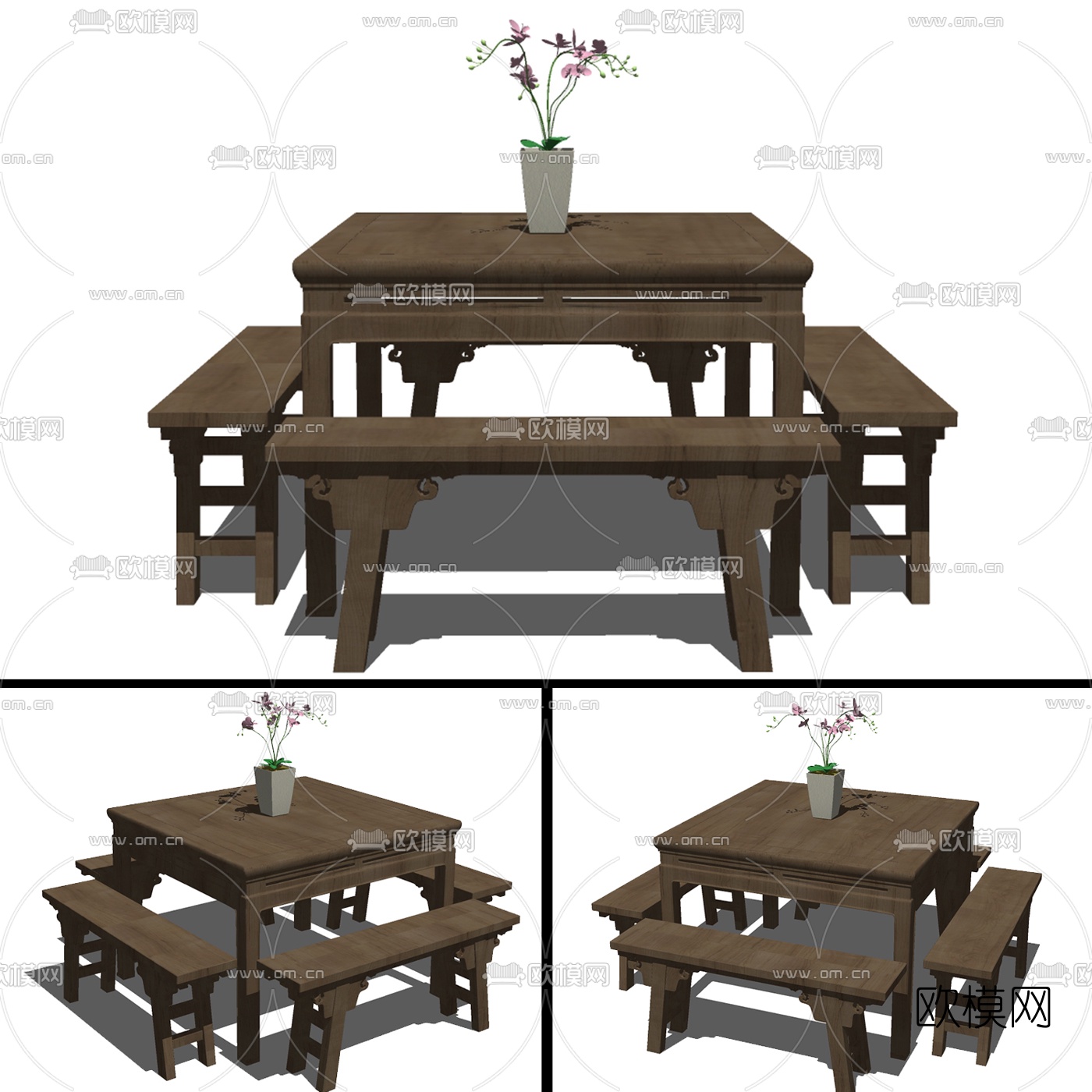 中式实木餐桌椅免费su模型下载