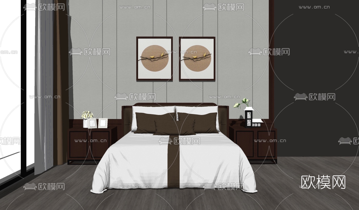新中式双人床su模型下载（渲染图2）